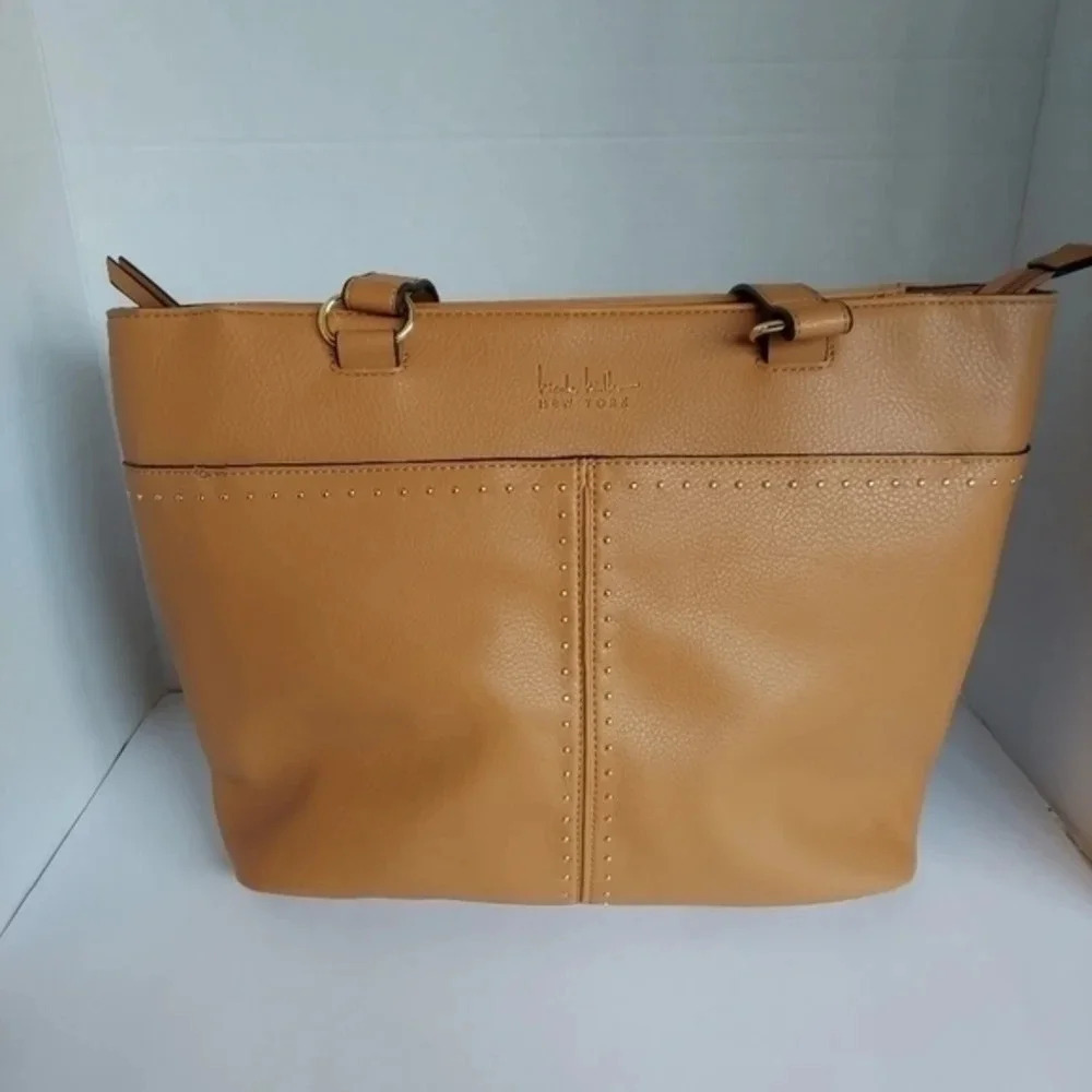 Nicole Miller Tan 100% PVC Large Top Handle Bag with gold studs
